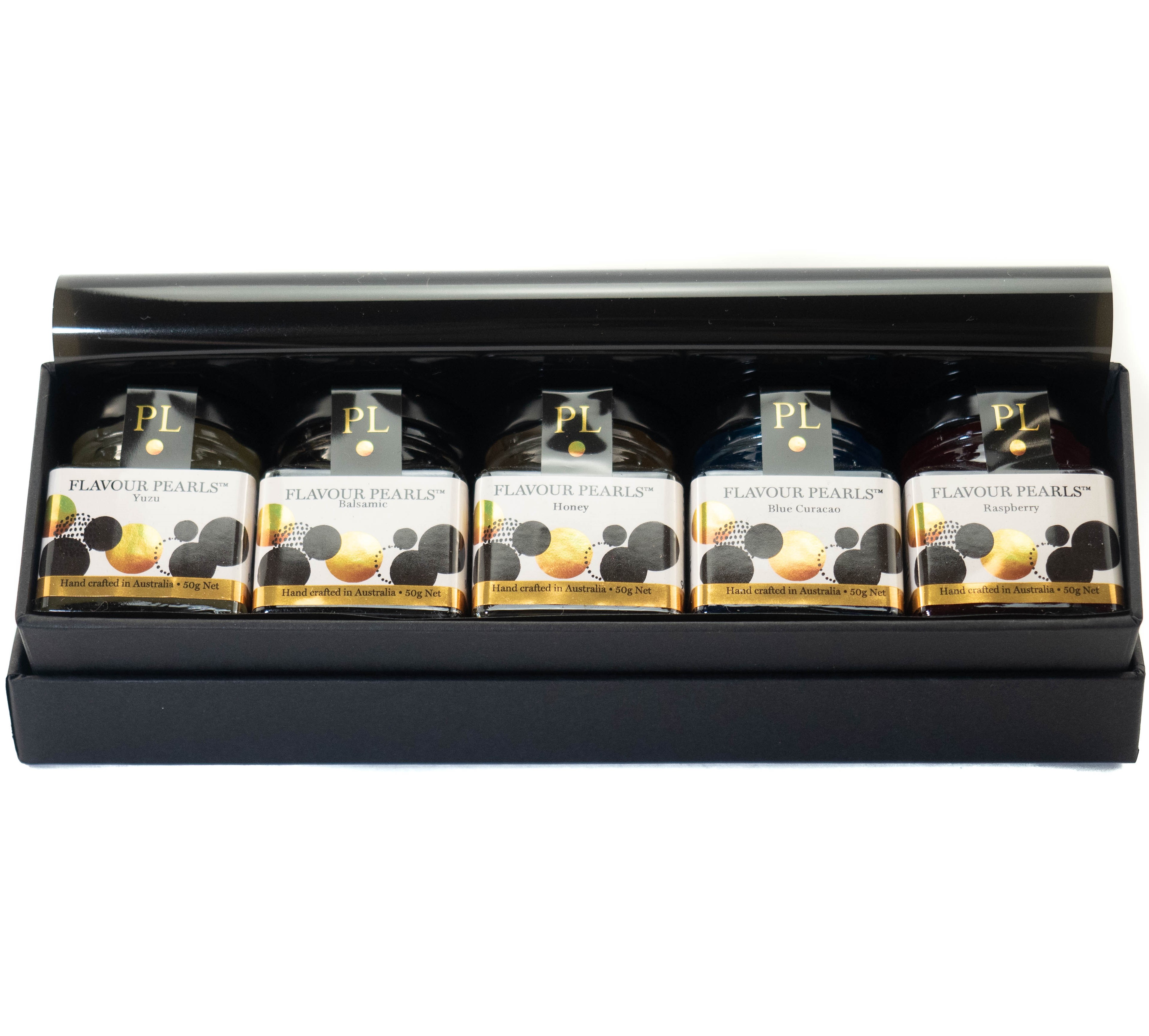 Peninsula Larders Gourmet gift box with 5 jars of Flavour Pearls and a serving spoon