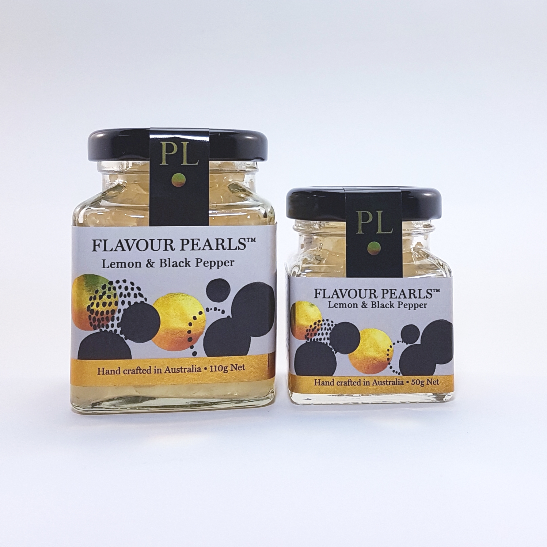 Lemon and Black Pepper Flavour Pearls 110g and 50g Jars