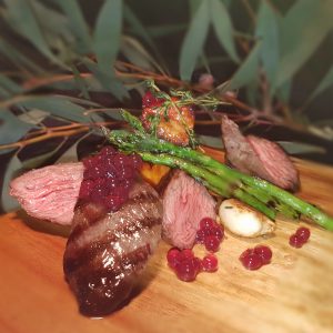 Peninsula Larders Australian Native pepperberry & Cherry Flavour Pearls with grilled kangaroo fillet