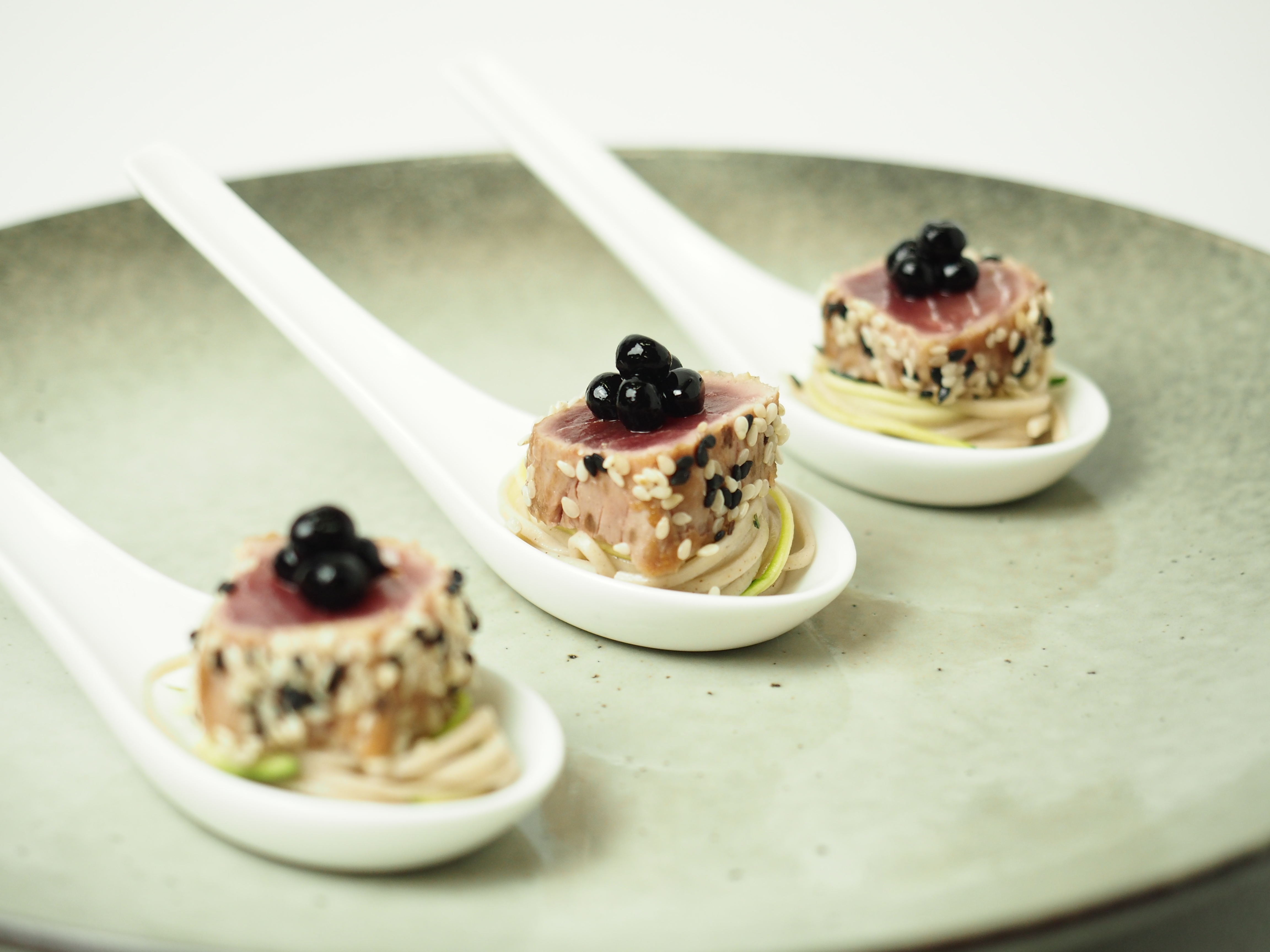 Soy Flavour Pearls with Sesame crusted Tuna and Soba Noodles