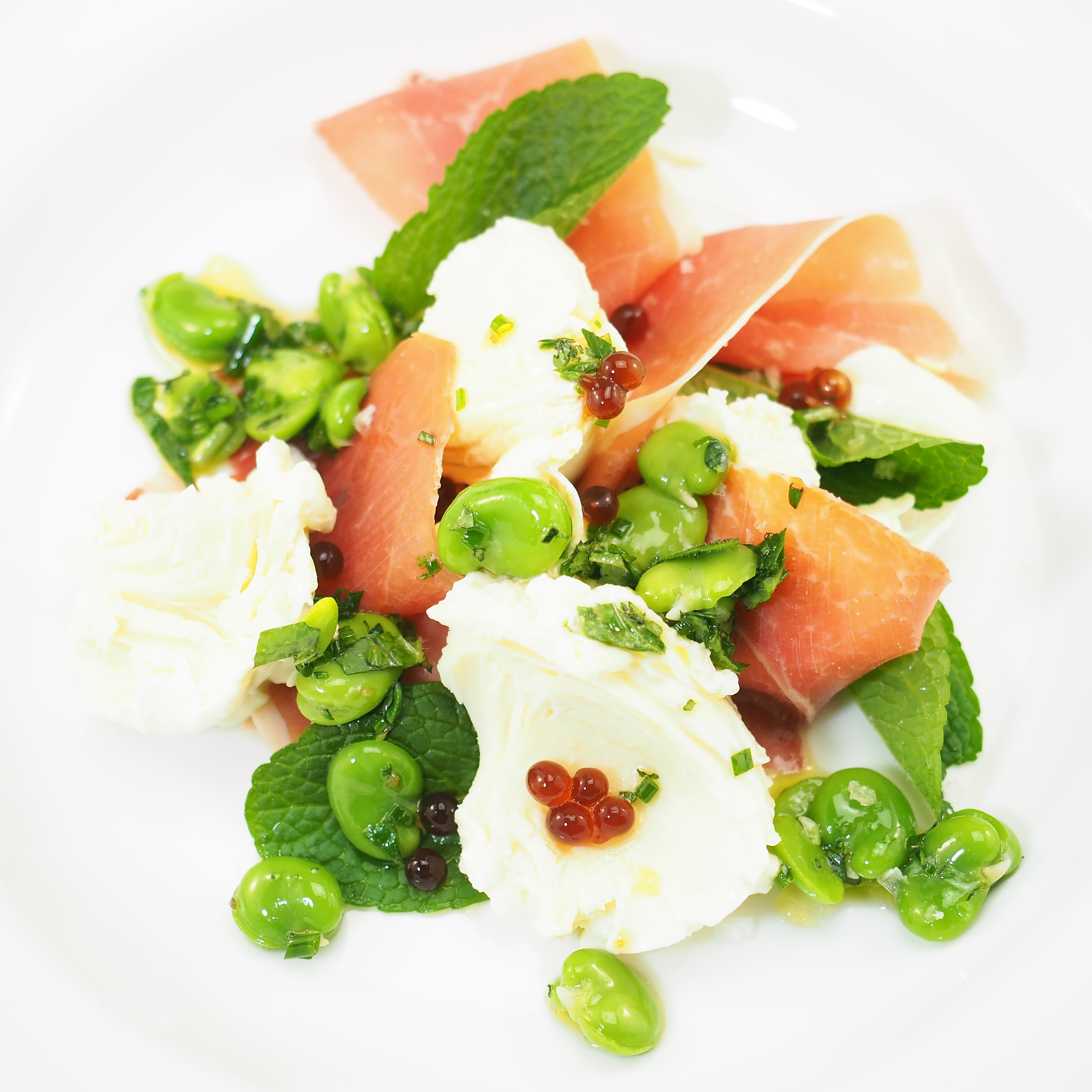 Prosciutto, Broadbean & Buffalo Mozzerella Salad with Balsamic Flavour Pearls