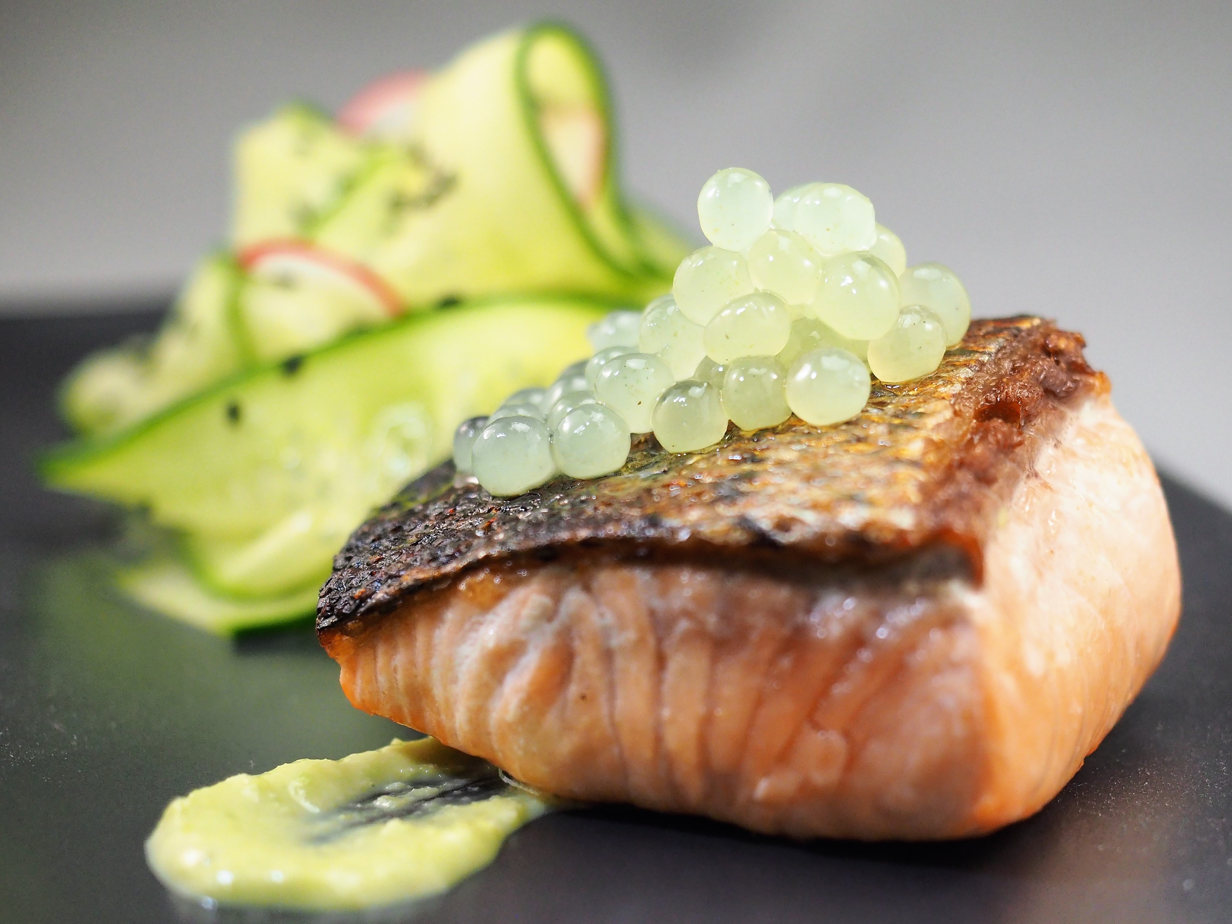 Grilled Salmon with Pickled Cucumber Salad and Cucumber & Wasabi Flavour Pearls