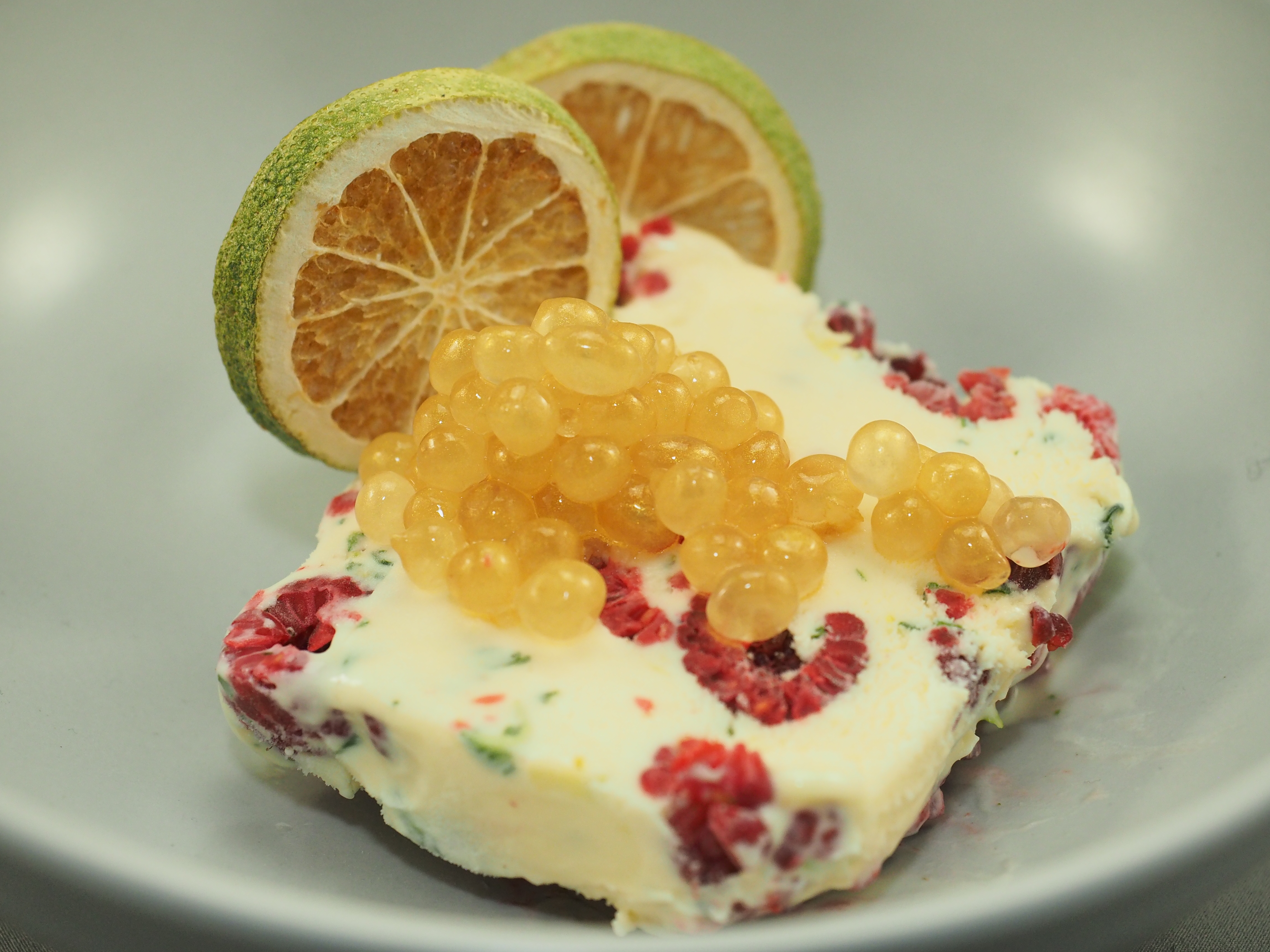 Lime, Thyme & Raspberry Semifredo with Golden Lime Flavour Pearls