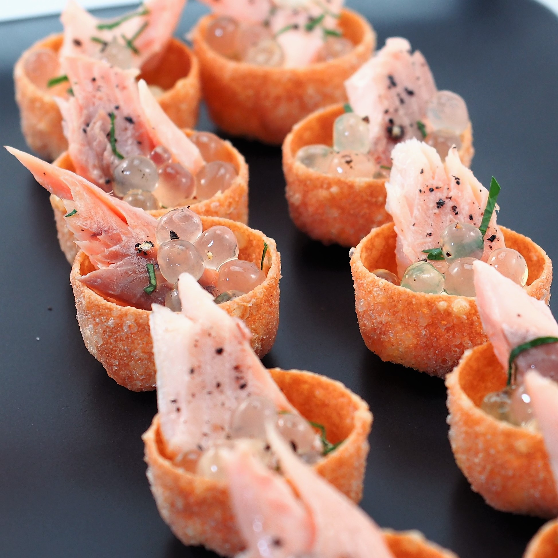 Smoked trout Tartlets with Lemon & Black Pepper flavour Pearls