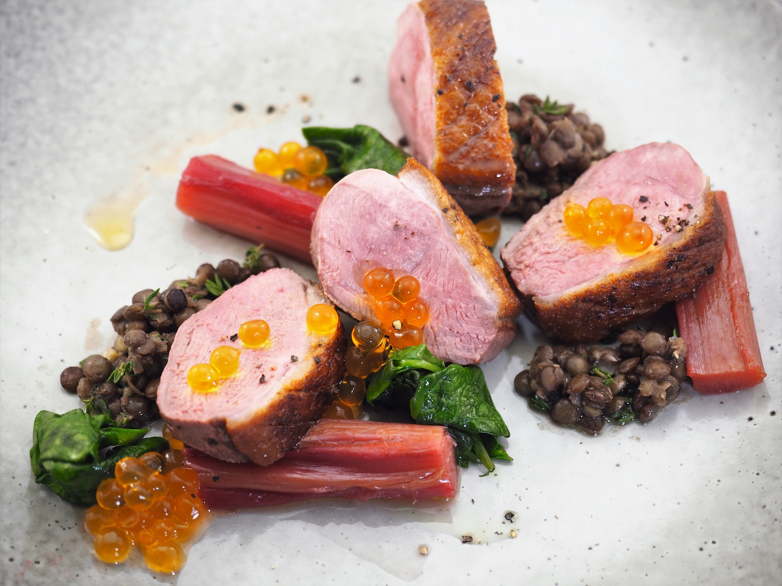 Duck Breast, Lentils, Rhubarb and Tangerine Flavour Pearls