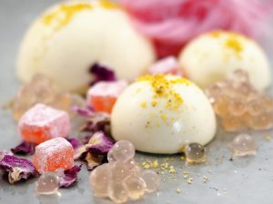 Vanilla Panna Cotta with Floss, Turkish Delight and Rosewater Flavour Pearls