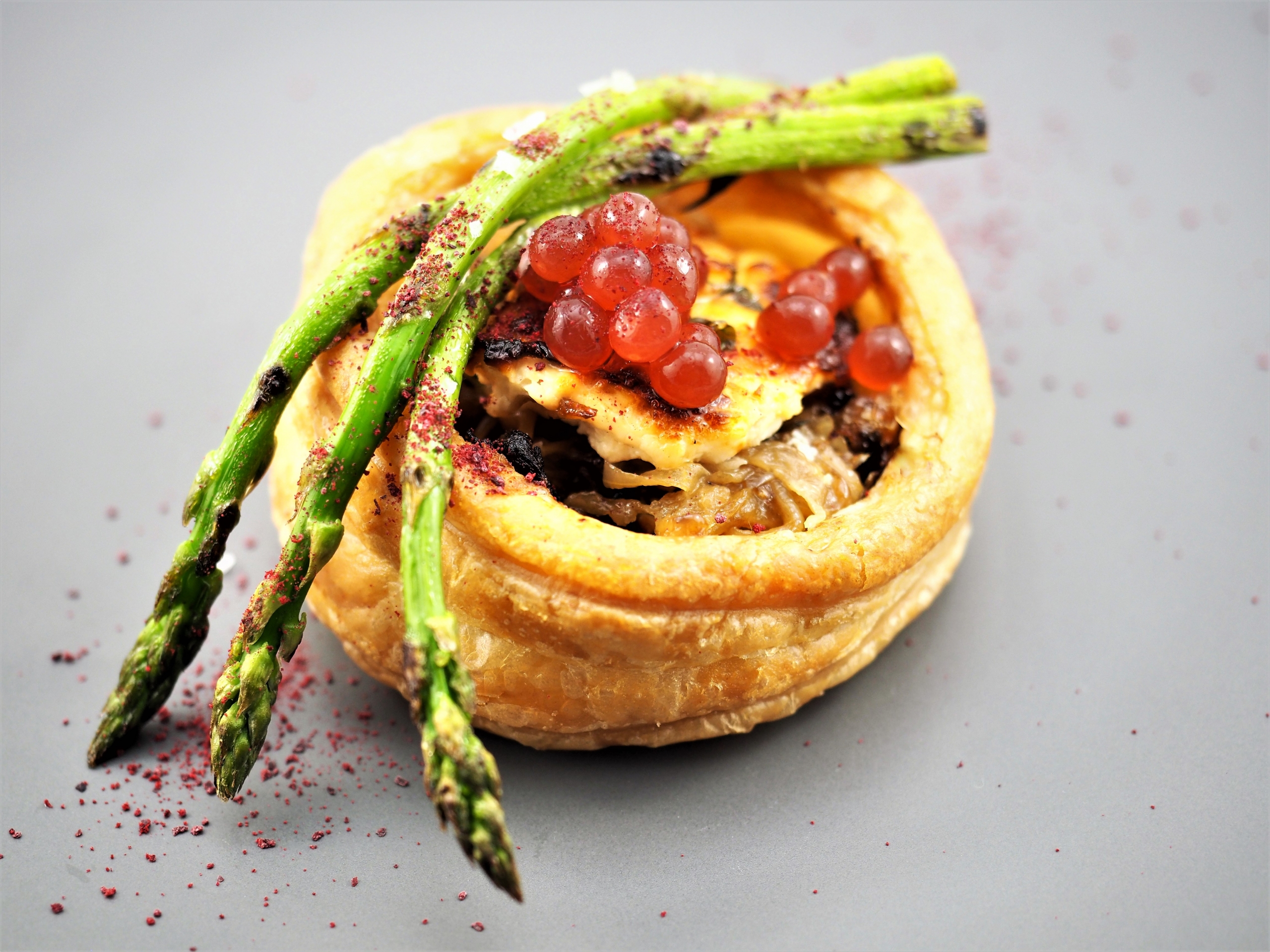 Goats Cheese and Asparagus Tart with Pickled Beetroot Flavour Pearls