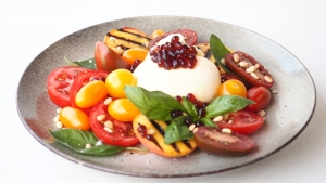 Grilled Peach, Tomato & Burrata Salad with Balsamic Flavour Pearls
