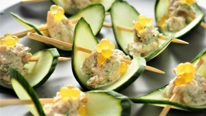 Crab and Cucumber Canape with Mango Flavour Pearls