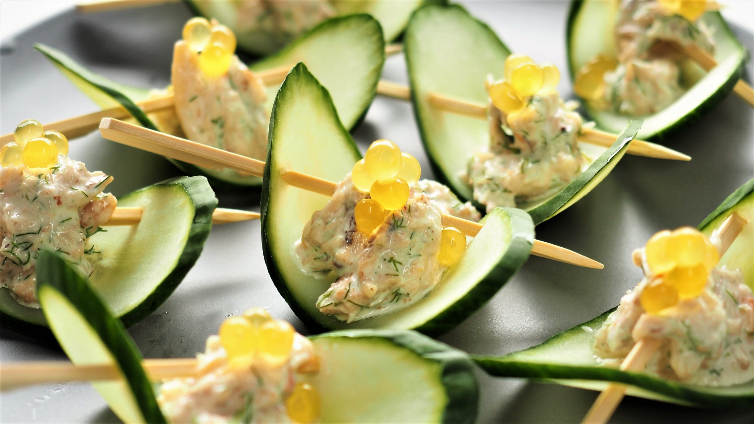 Crab and Cucumber Canape with Mango Flavour Pearls