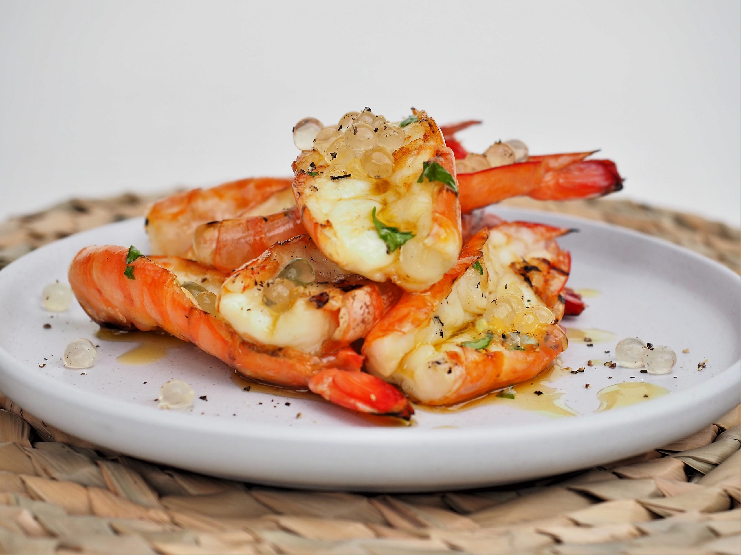 Split Prawns with Garlic Butter and Lemon & Black Pepper Flavour Pearls