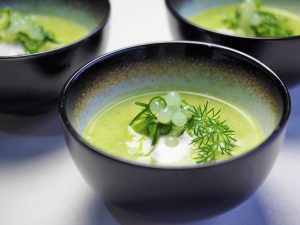 Pea and Lettuce Soup with Cucumber and Wasabi Flavour Pearls