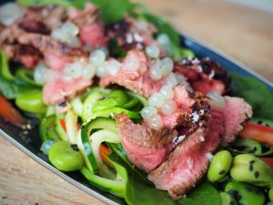 Rare Beef Salad with Cucumber and Wasabi Flavour Pearls