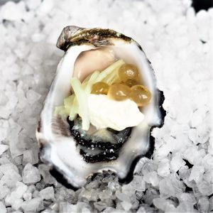 Oyster with Creme Fraiche, Cucumber and Lemon Myrtle Flavour Pearls