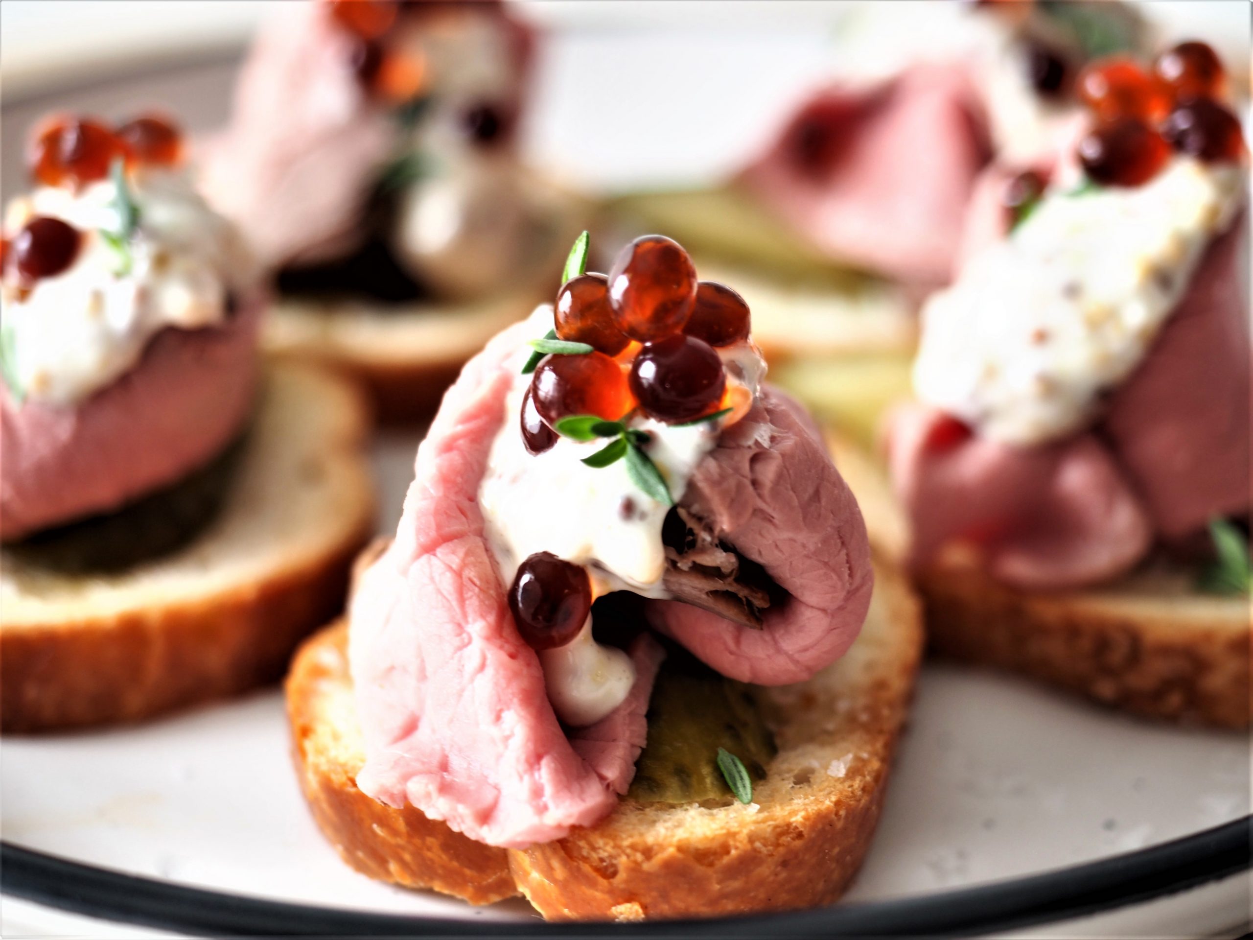 Rare Beef with Pickle, Seeded Mustard & Balsamic Flavour Pearls