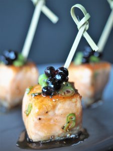Glazed Salmon Bite with Soy Flavour Pearls