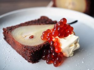 Pear and Chocolate Cake with Mulled Wine Flavour Pearls