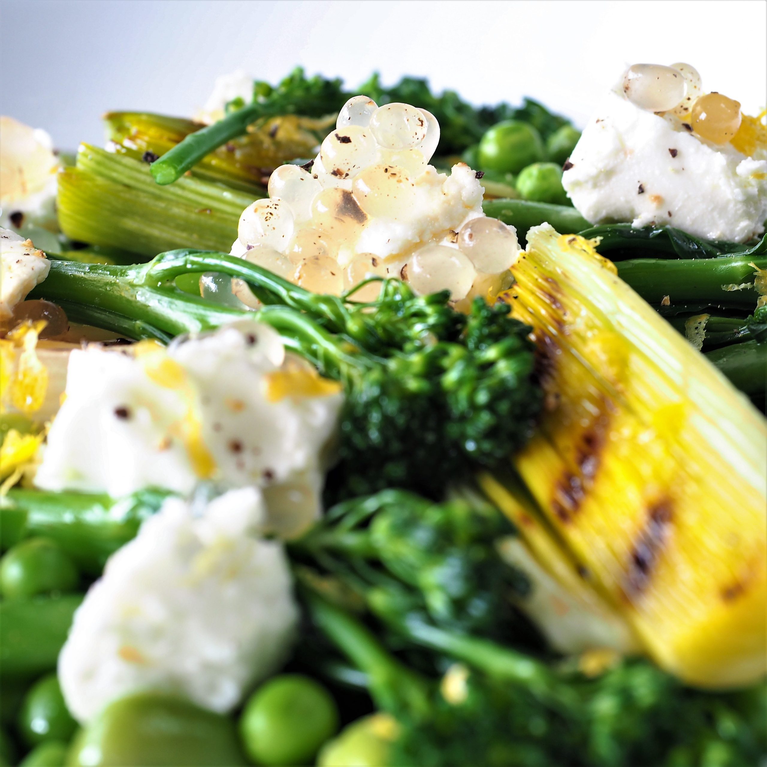 Grilled Leeks with Greens, Fetta and Lemon & Black Pepper Flavour Pearls