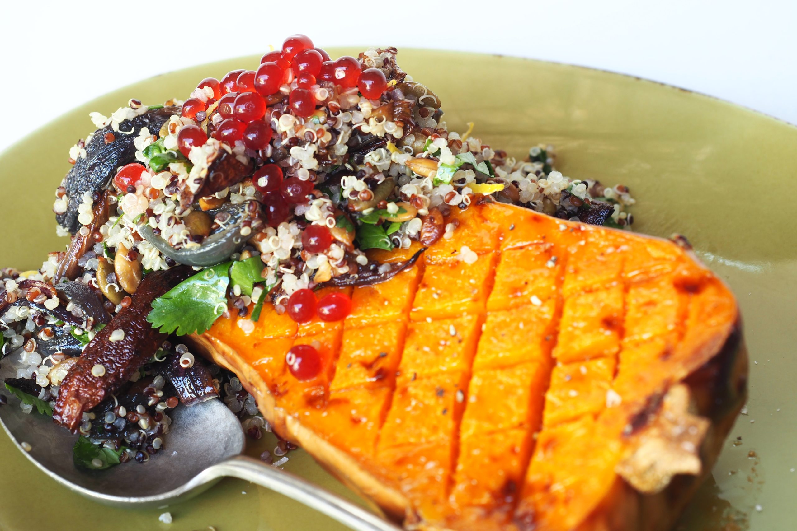 Baked Pumpkin and Quinoa with Spiced Cranberry Flavour Pearls