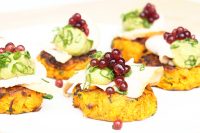 Sweet Potato Fritter, Smoked Chicken and Pepperberry & Cherry Flavour Pearls