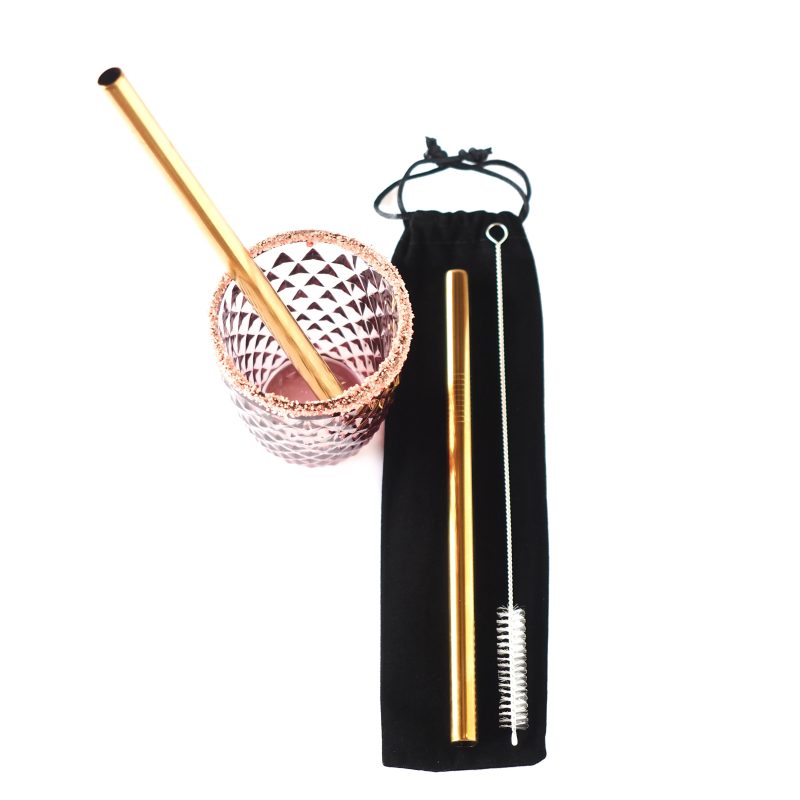 Gold Straw Gift Set with Flavour Pearls in a Highball Glass with Cocktail Sugar Rim