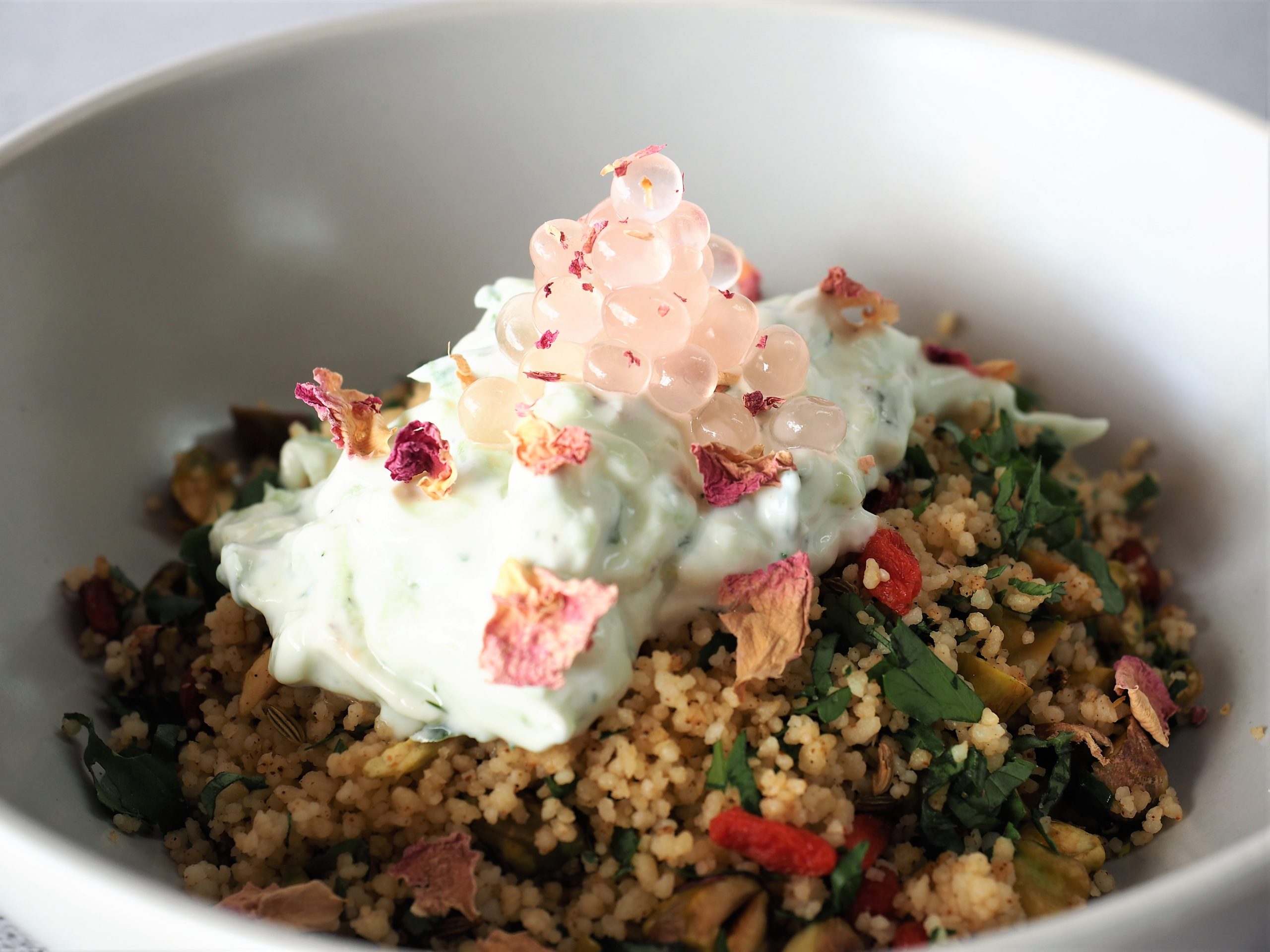 Pistachio Couscous with Rosewater Flavour Pearls