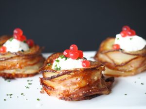 Potato Stack with Crème Fraiche and Native Bush Tomato Flavour Pearls