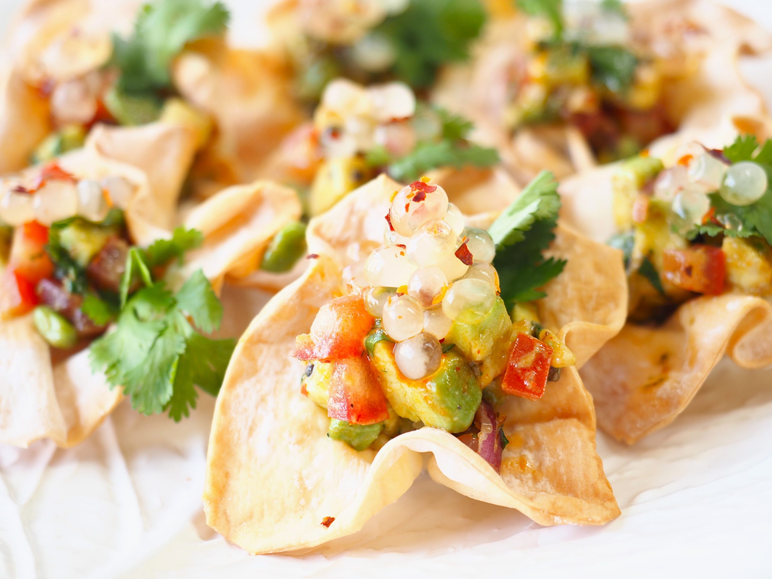 Wonton Cups with Avocado Salsa and Ginger, Lime & Chilli Flavour Pearls