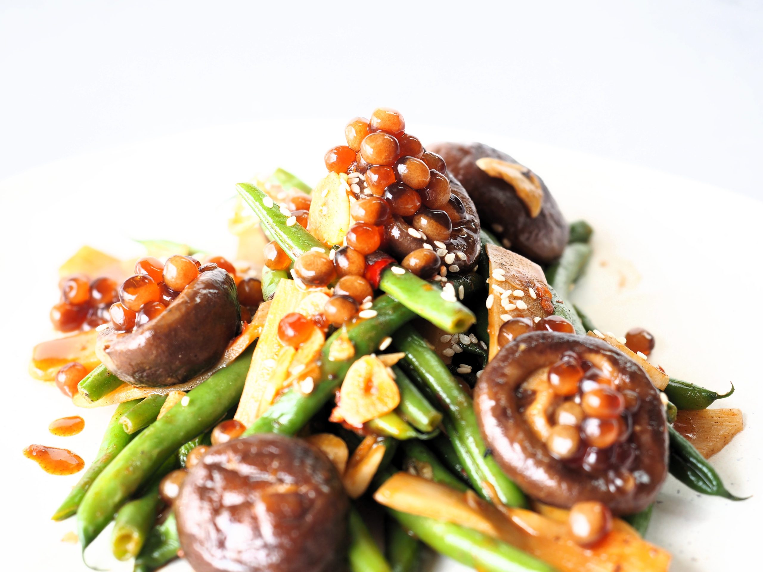 Green Beans with Shitake, Bamboo Shoots and Ponzu Flavour Pearls