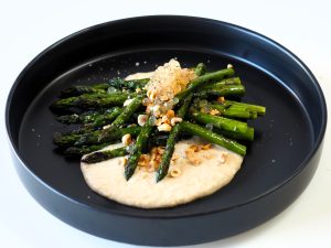 Asparagus with Whitebean Puree, Hazelnuts and Lemon & Black Pepper Flavour Pearls