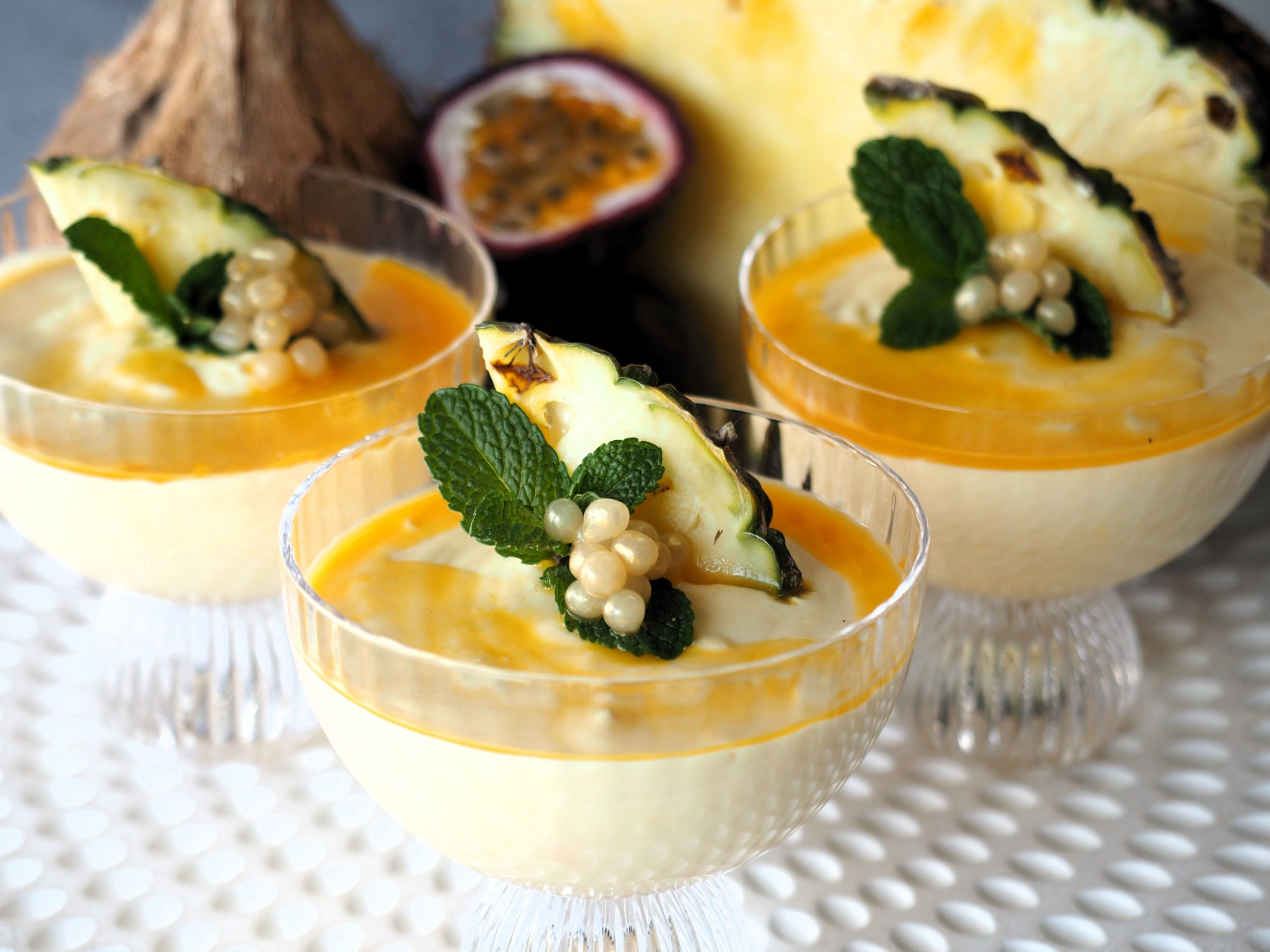 Passionfruit Mousse with Golden Pina Colada Flavour Pearls