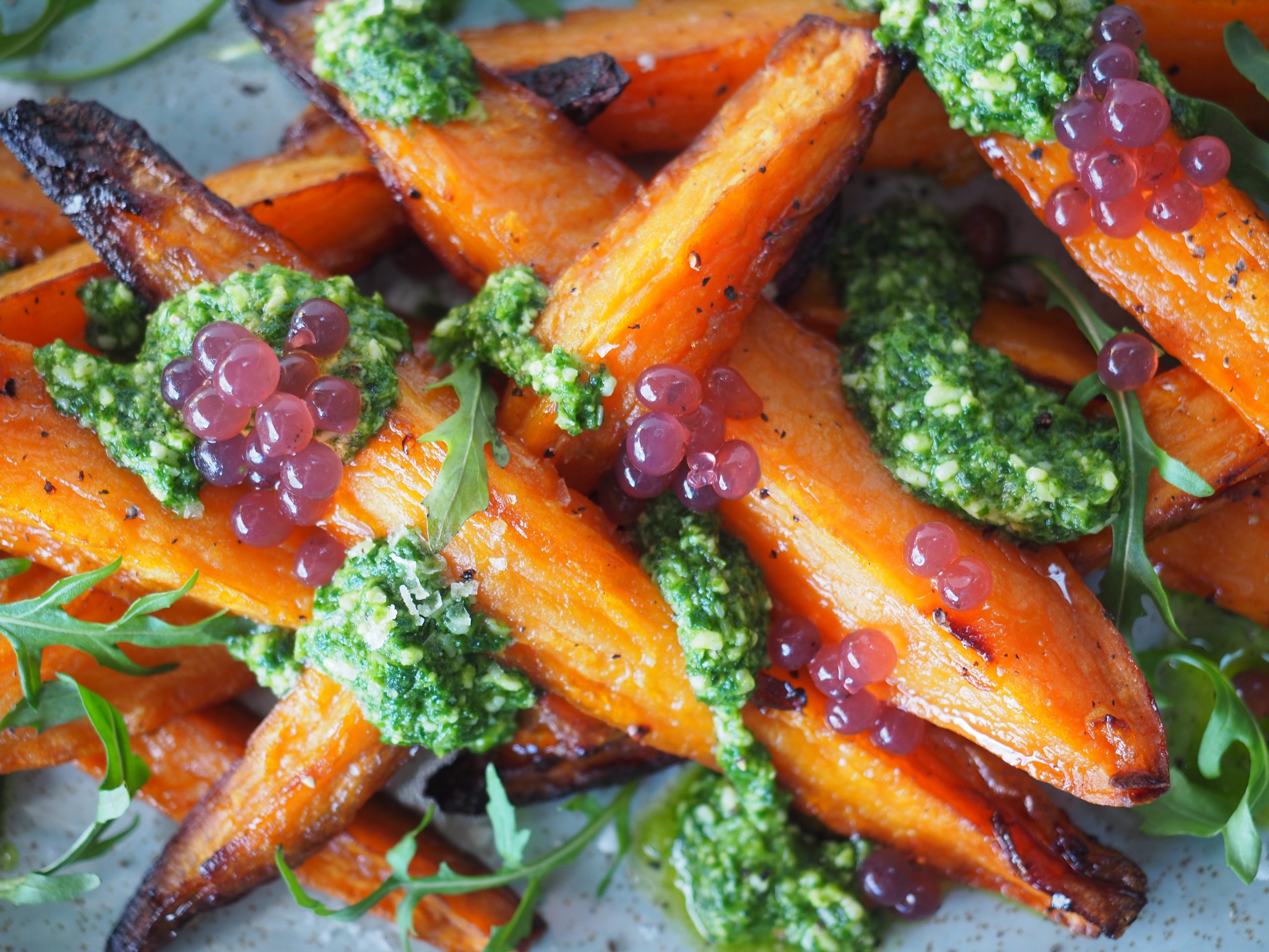 Sweet Potato Wedges with Rocket Pesto and Davidson Plum Pearls