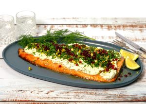Baked Salmon with Dill Cream, Herbs and Wild Hibiscus Flavour Pearls