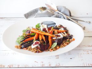 Roast Beets and Carrots with Lentils Ash Brie and Pepperberry and Cherry Flavour Pearls
