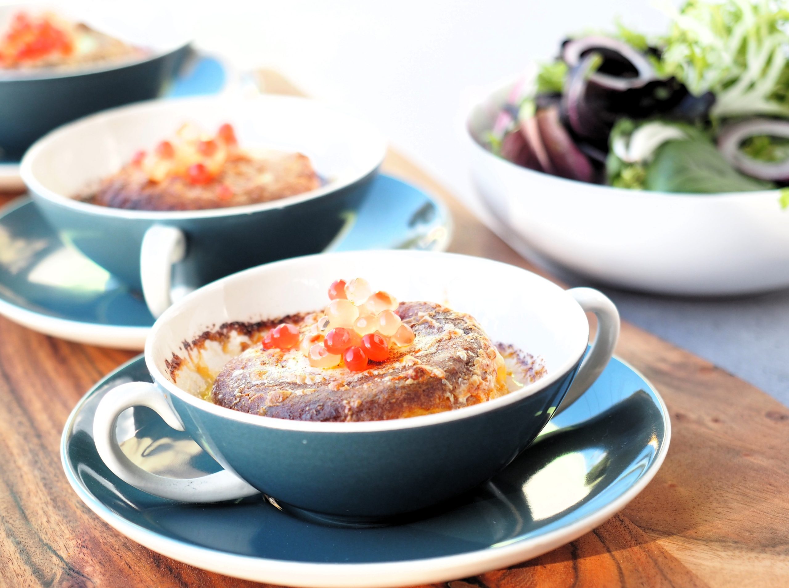 Twice baked Corn Souffle with Bush Tomato and Ginger Lime Chilli Flavour Pearls