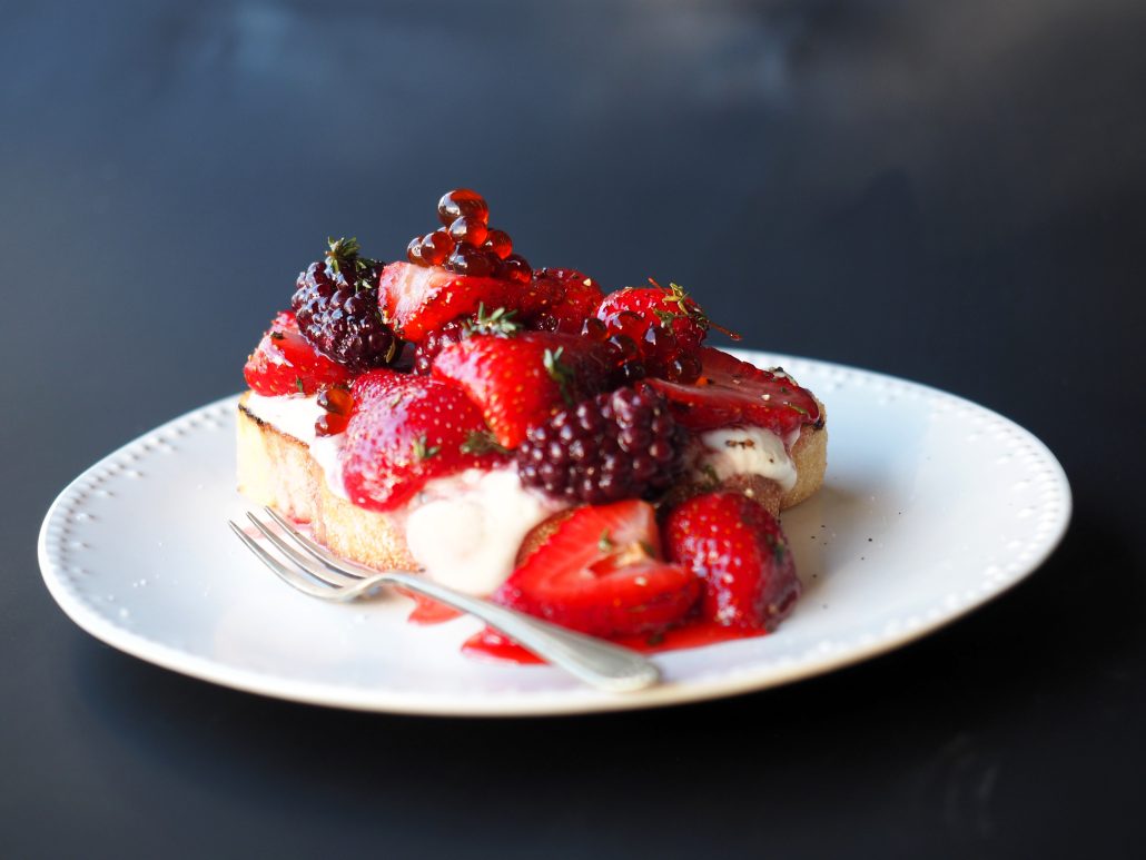 Honey Roast Berries with Ricotta and Balsamic Flavour Pearls