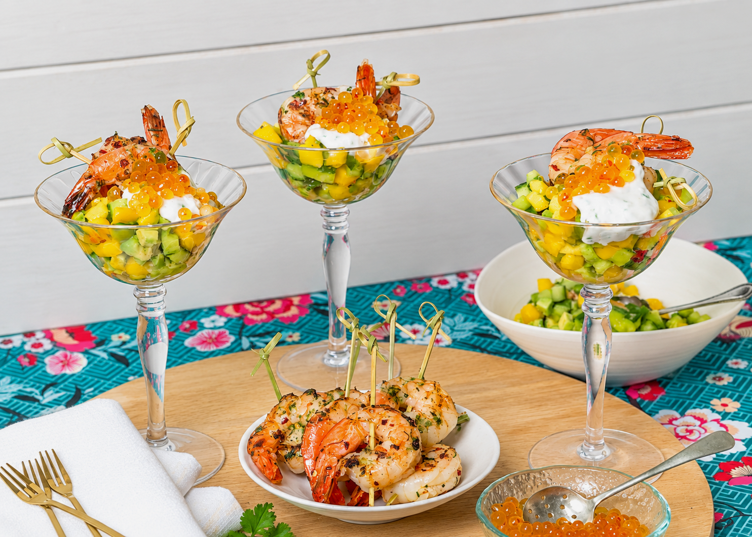 BBQ Prawn Martinis with Sweet Chilli Flavour Pearls